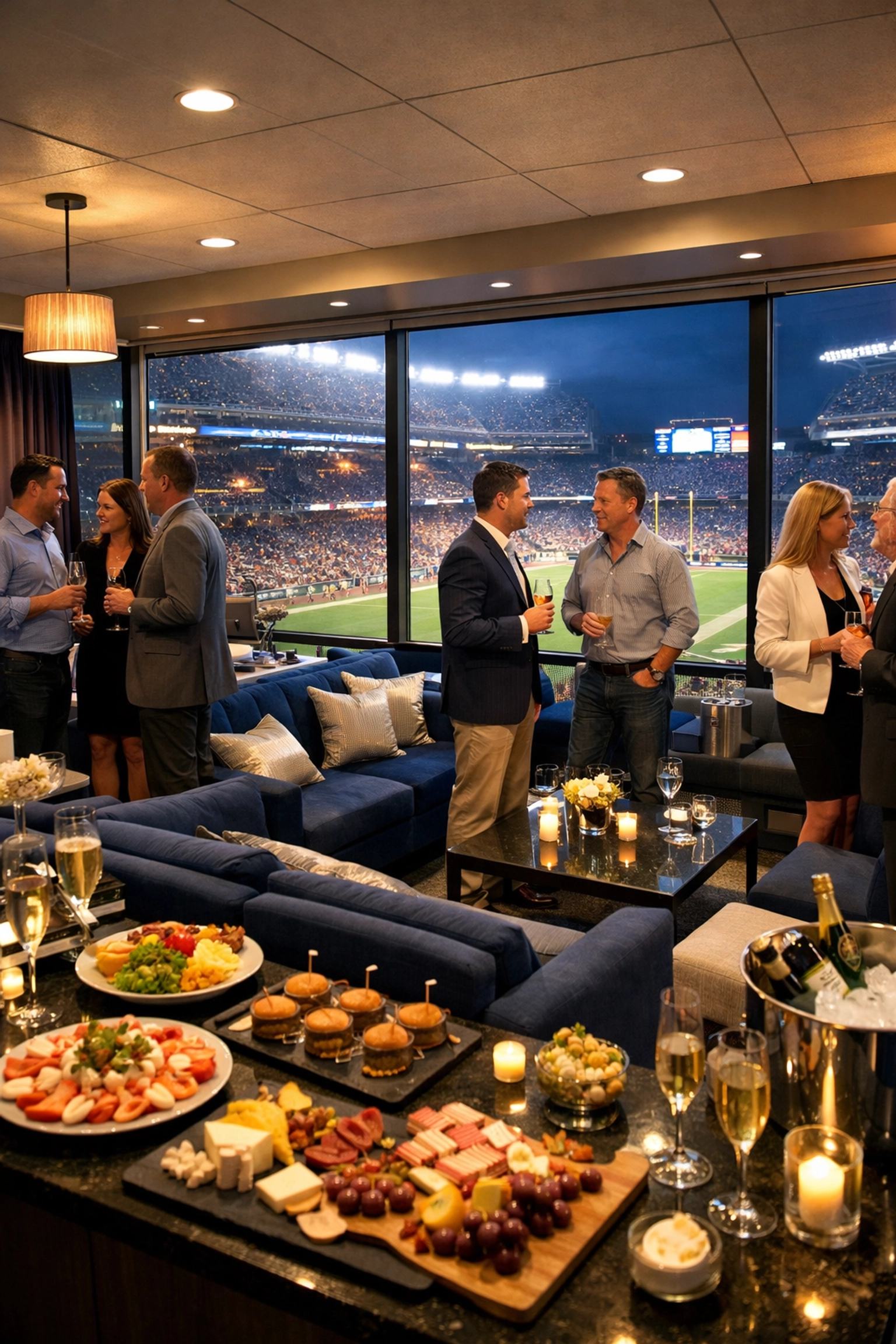 Premium Super Bowl suite with VIP hospitality setup overlooking illuminated stadium field