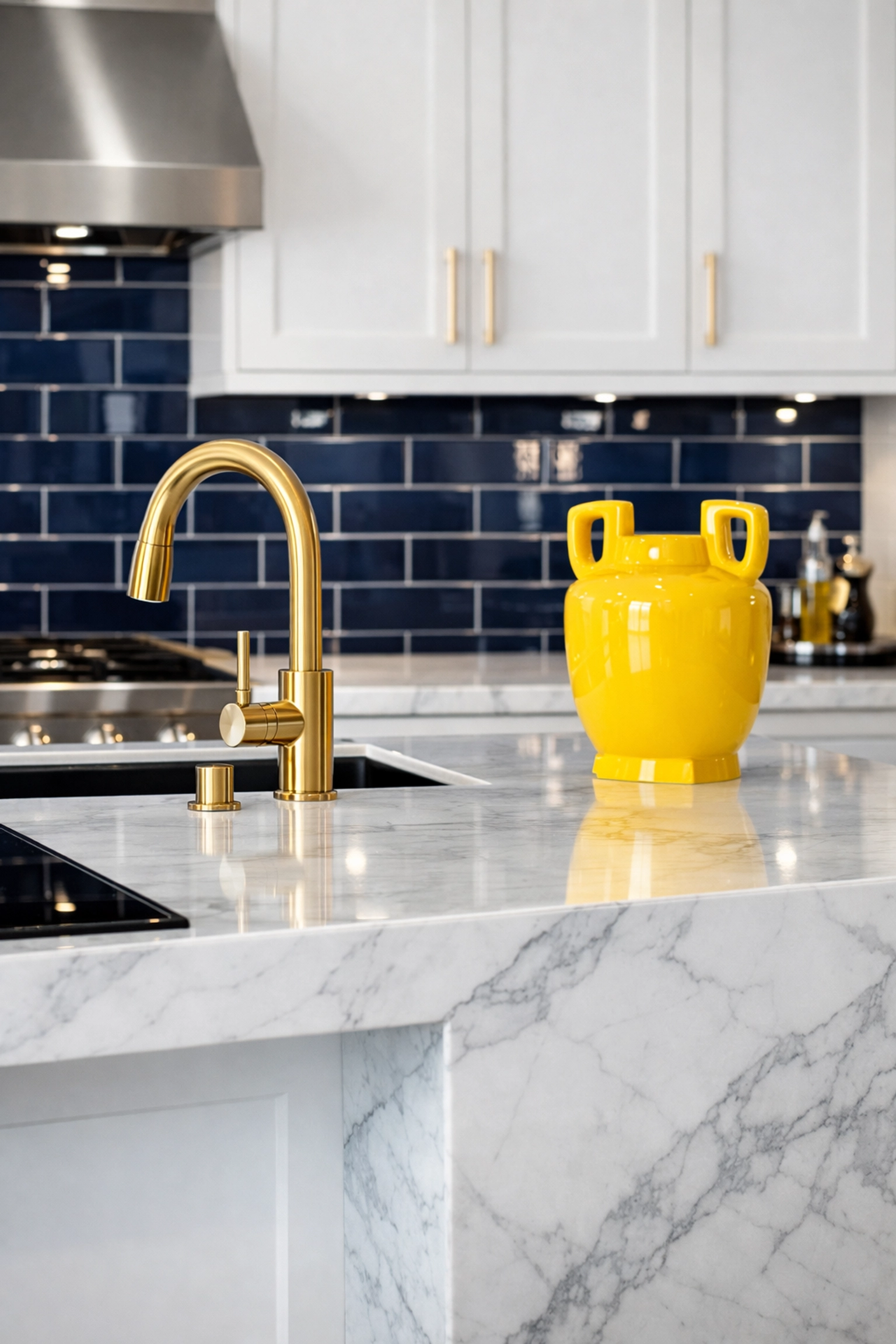 Spotless modern kitchen with marble island showcasing deep cleaning Worcester services.