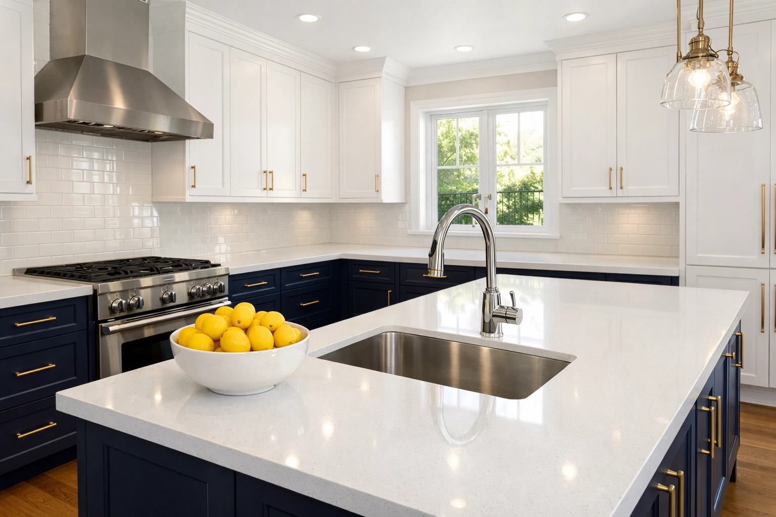 Professionally cleaned modern kitchen in a Shrewsbury home with sparkling white countertops.