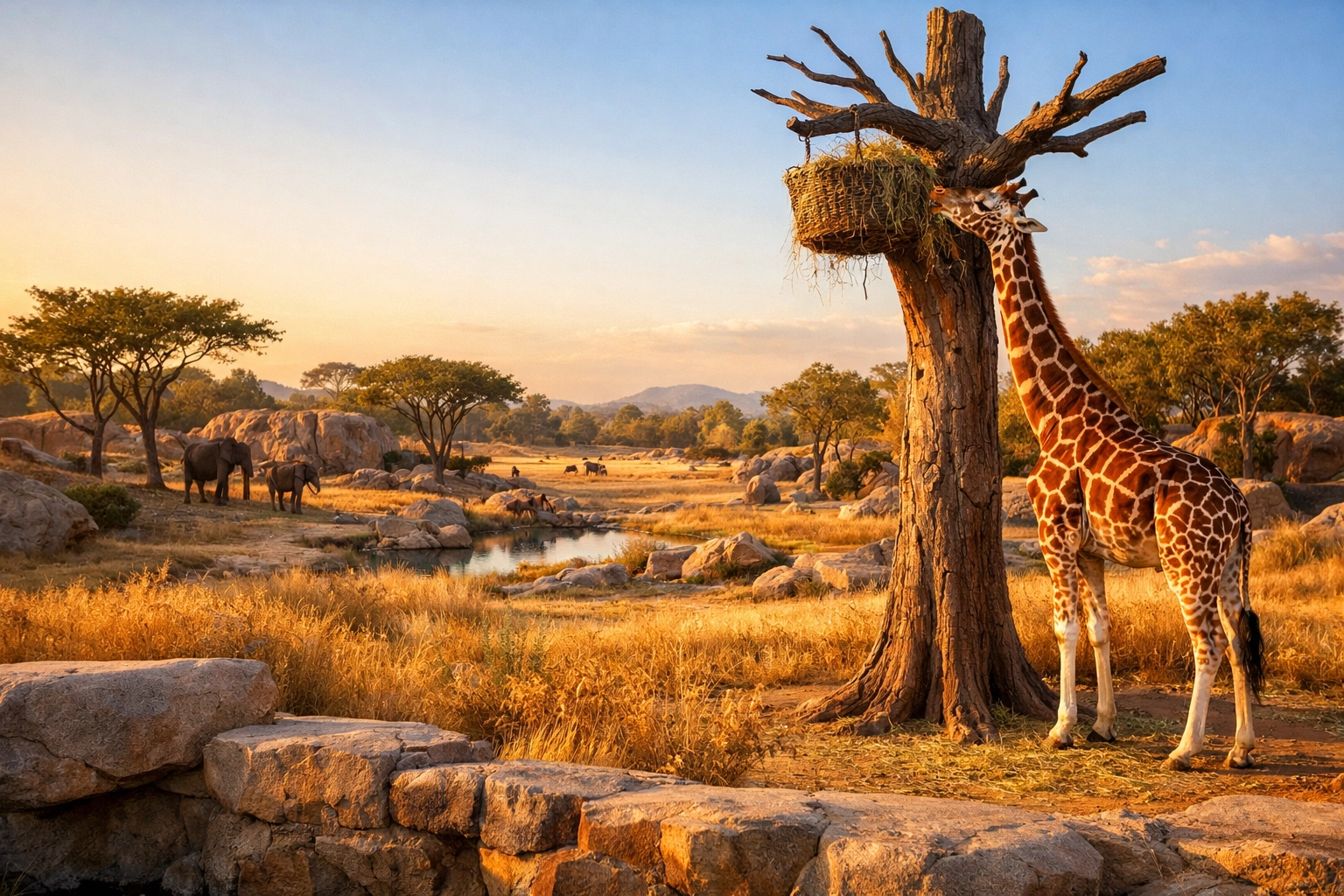 Giraffe grazing in a modern, fence-free savanna exhibit designed for immersive visitor experiences.