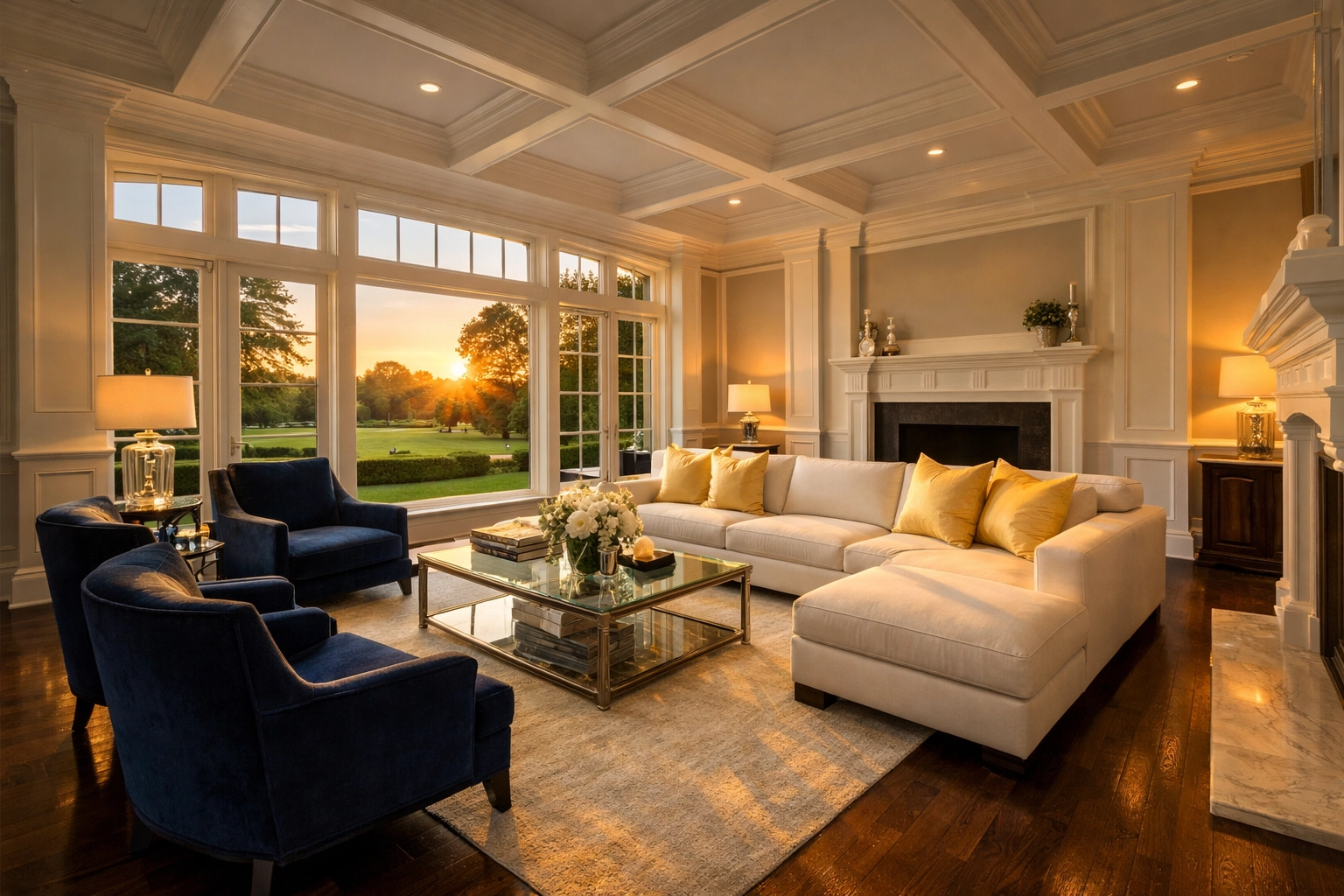 Pristine luxury living room in a Dover estate after professional residential cleaning Massachusetts.
