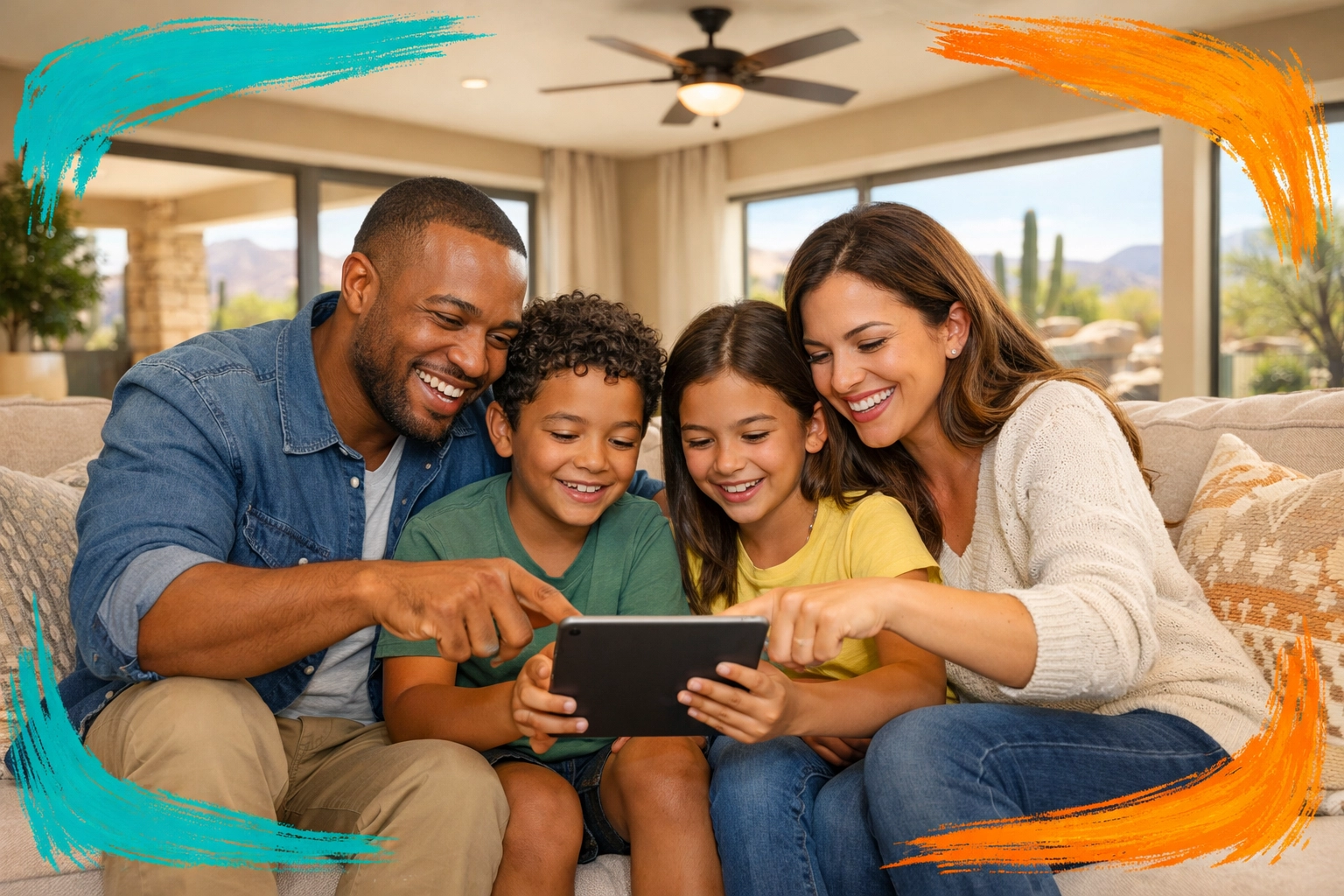 Family of four looking at tablet together on sofa during home search planning in Arizona Family of four looking at tablet together on sofa during home search planning in Arizona