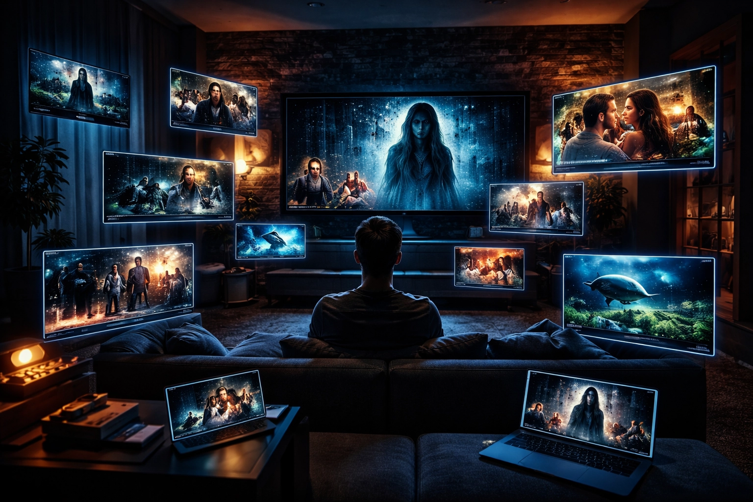 A person in a modern living room surrounded by glowing screens, illustrating niche streaming content discovery in 2026.