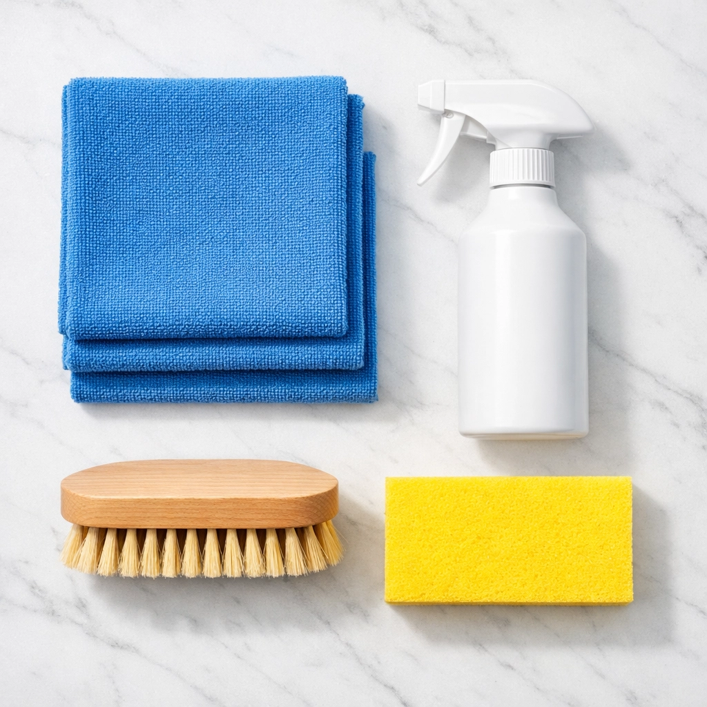 Professional cleaning kit with microfiber cloths and spray bottle for a deep house clean in Bolton.