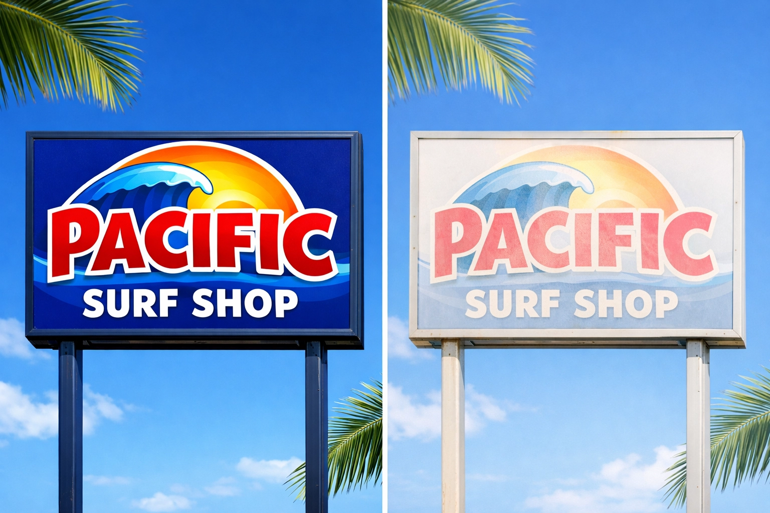 Side-by-side comparison of UV-faded sign versus protected sign after six months in Kona sun
