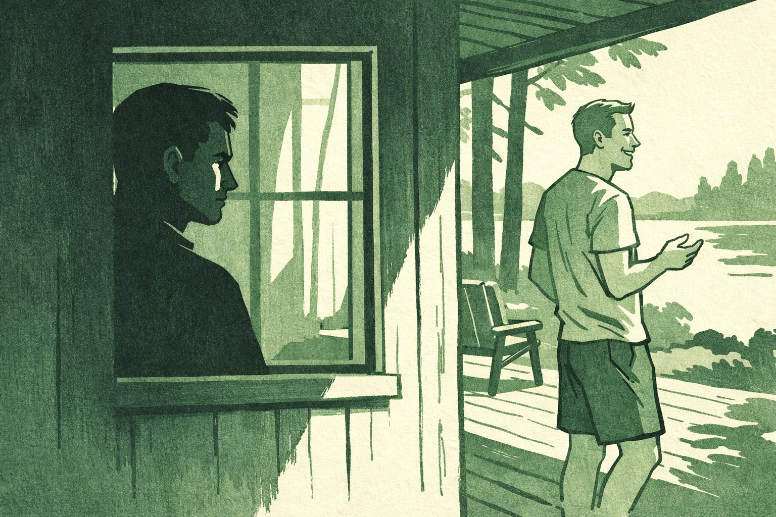 Man watching partner from cabin window illustrating jealousy in gay psychological thriller