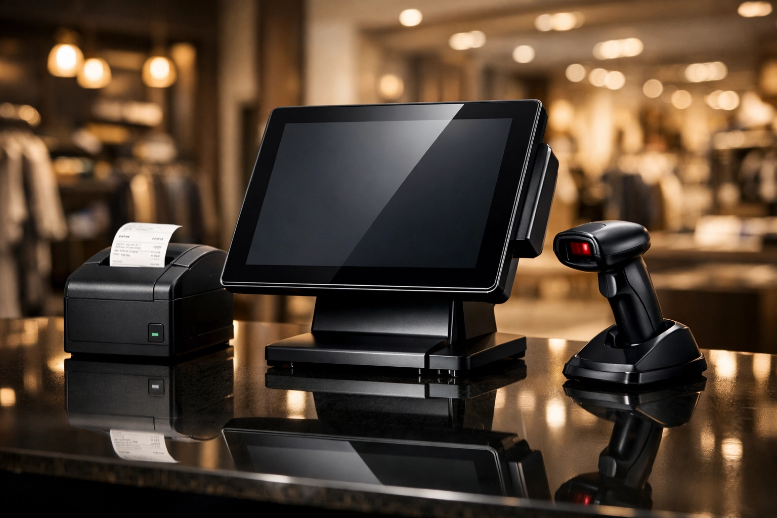 Premium all-in-one POS terminal system with touchscreen, receipt printer, and barcode scanner