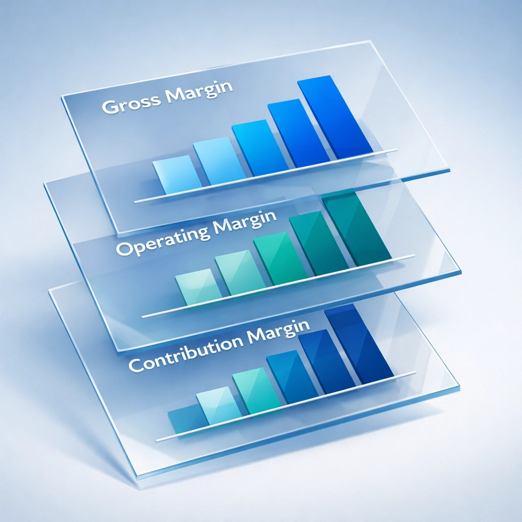 Diagram showing levels of profit margins: gross, operating, and contribution