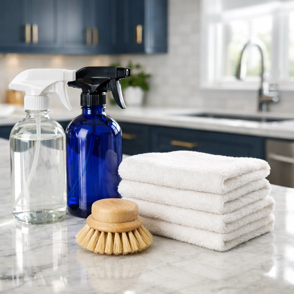 Eco-friendly cleaning supplies on a marble counter for professional house cleaning in Burlington.