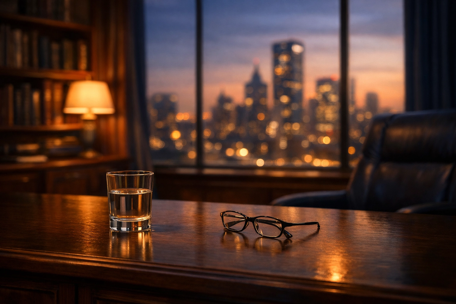 A minimalist executive desk overlooking a city skyline, representing CEO authority and strategic clarity.