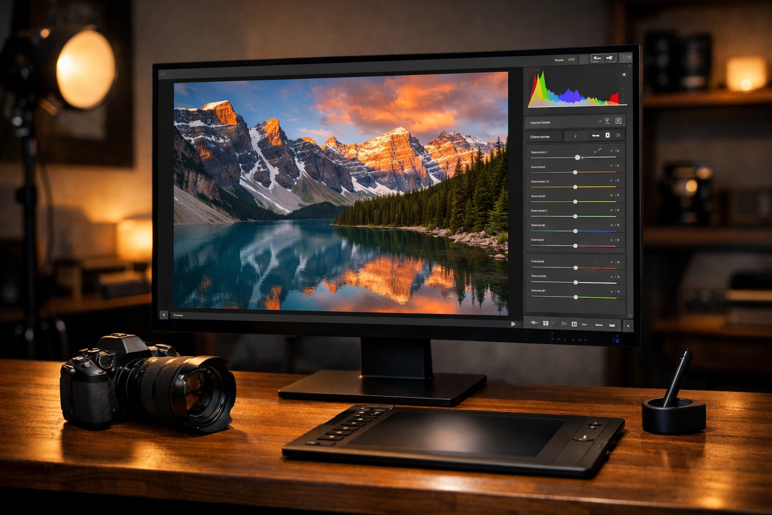 Editing a high-resolution photo on a monitor, perfect for professional photo editing tutorials.