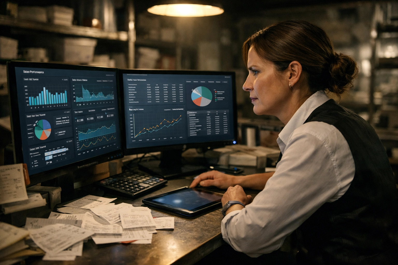 Restaurant manager analyzing operational data on a dashboard to reduce technology debt.