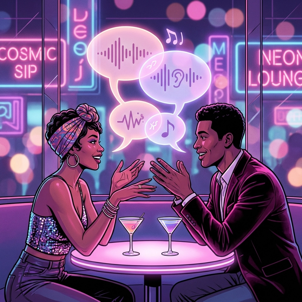Two adults having open communication about ethical non-monogamy in a lively, neon-lit bar scene