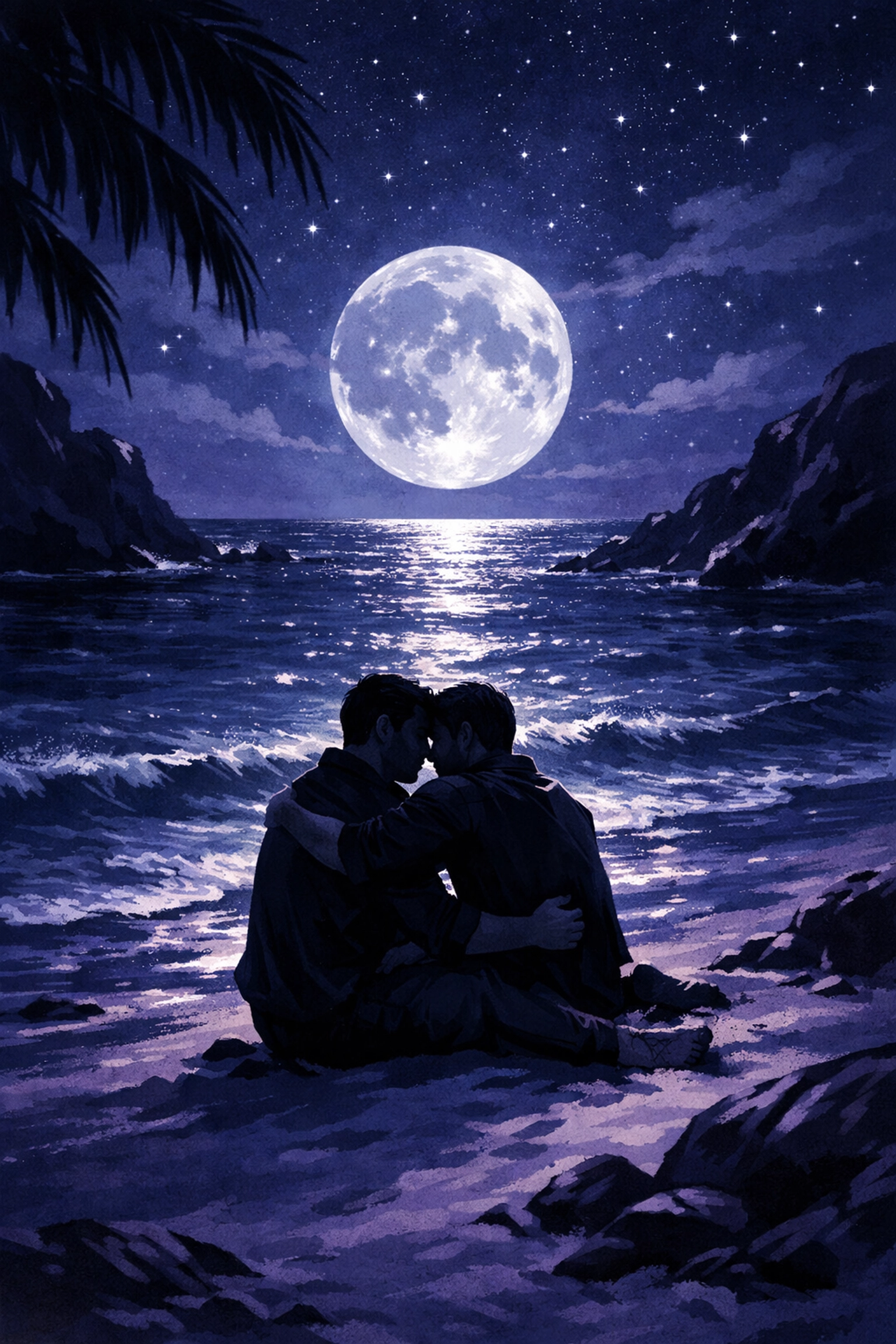 Romantic moment between two men on secluded moonlit beach - intimate LGBTQ+ fiction scene