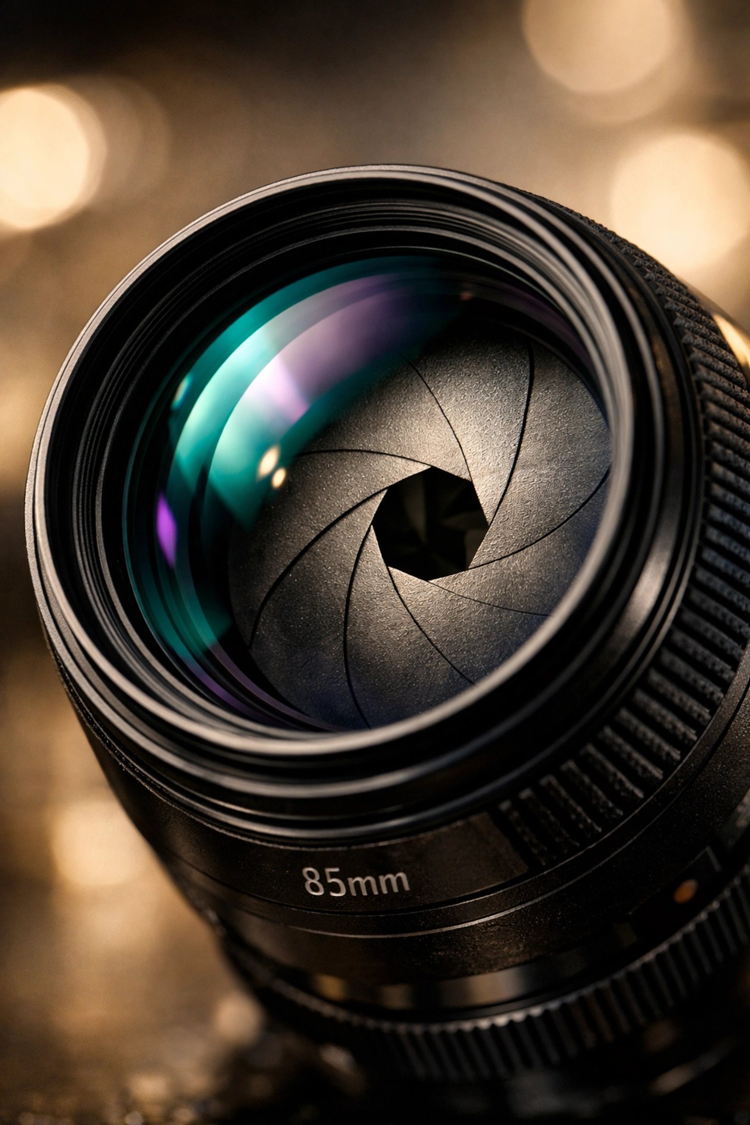 Close-up of a professional 85mm prime lens showing glass elements for sharp photography tutorials.