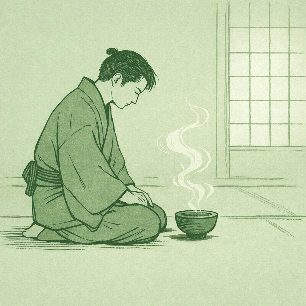 Solitary man kneeling at tea ceremony, steam rising, Japanese gay fiction exploring loss