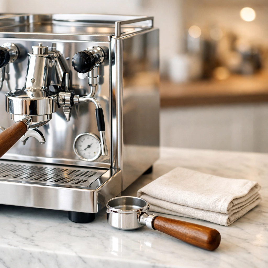 A clean, polished espresso machine on a marble counter showing proper commercial machine maintenance.