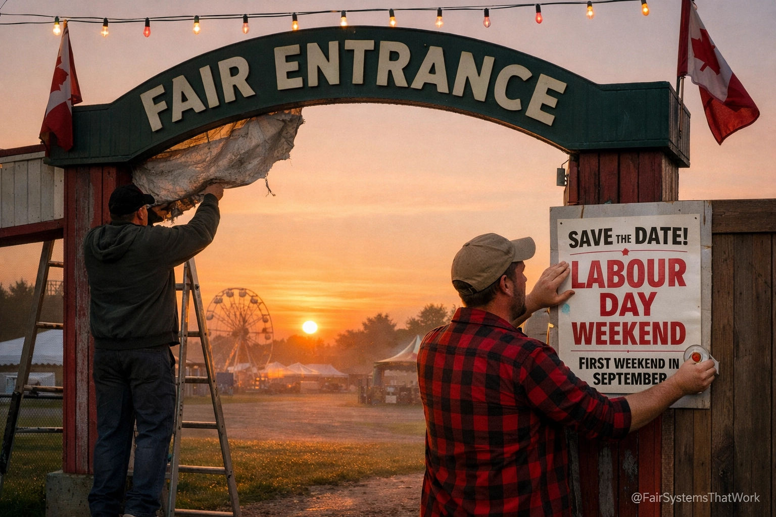 At the fair entrance at sunrise, a volunteer tapes up a simple “Save the Date” poster for Labour Day weekend while last year’s banner comes down.