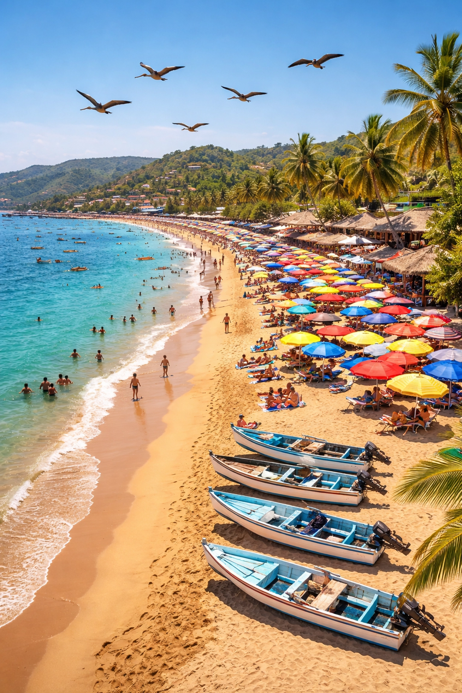 Aerial view of Los Muertos Beach in Puerto Vallarta with golden sand, palm trees, and beach umbrellas