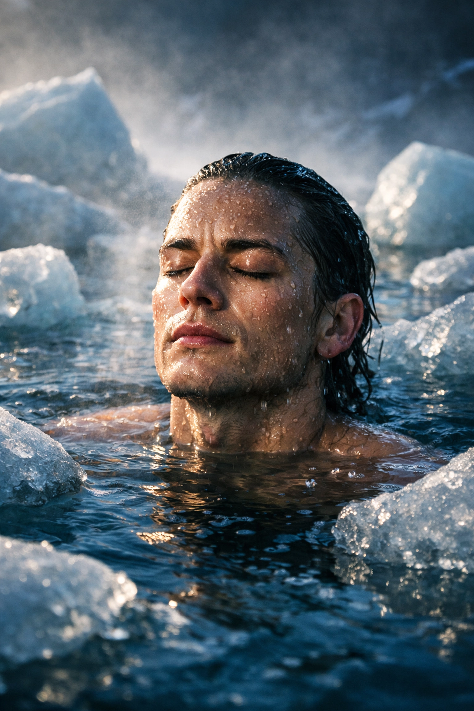 A person practicing cold water immersion to improve stress resilience and mental fortitude.
