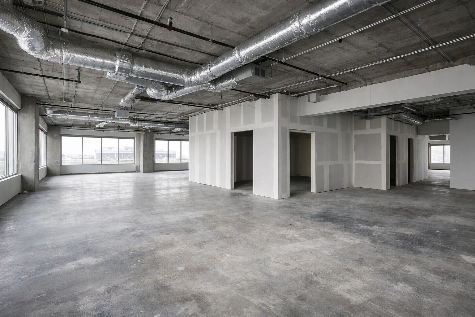 Commercial office shell space during buildout with exposed ceiling and concrete floors