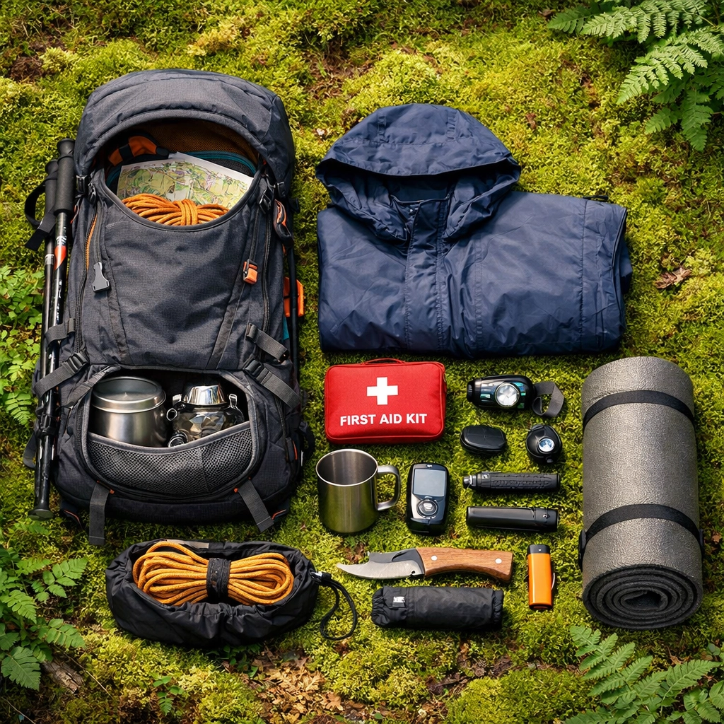 Organized outdoor survival skills gear and backpacking kit for a camping adventure UK.