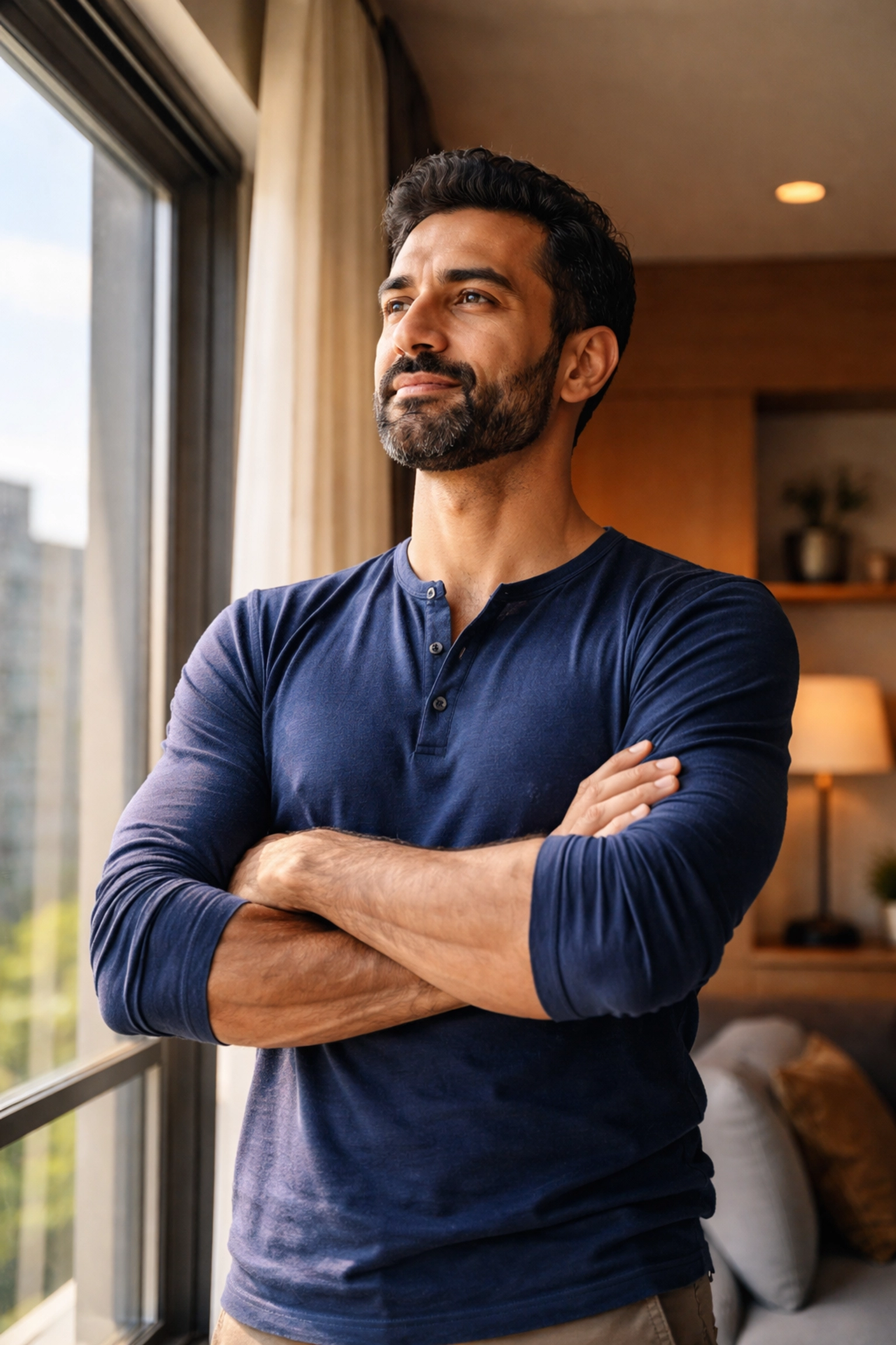 Middle Eastern man standing confidently by a window, expressing strength and resilience through afternoon affirmations
