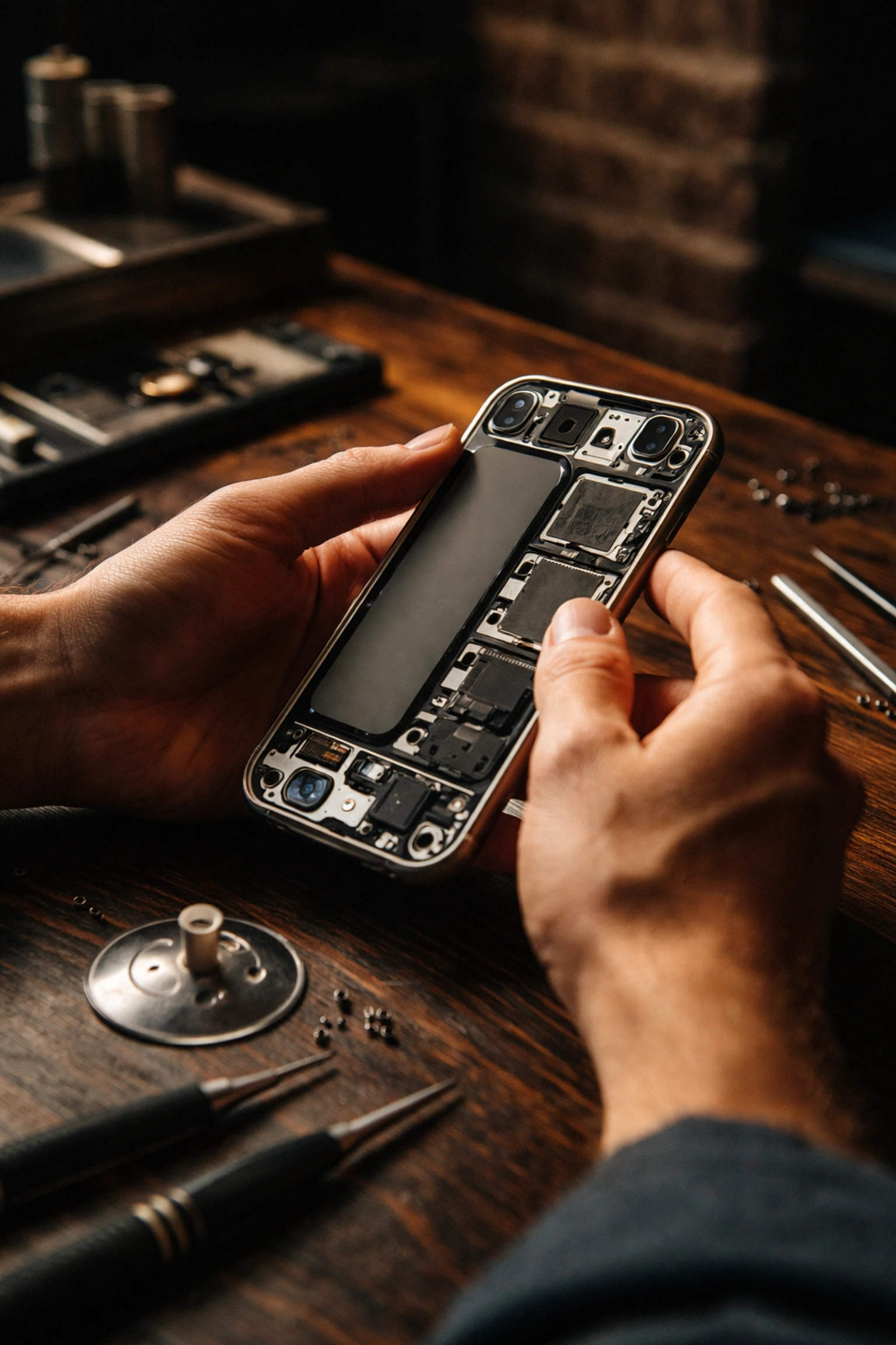 Hands repairing an iPhone on a Brooklyn workbench, representing the right to repair movement in NYC.