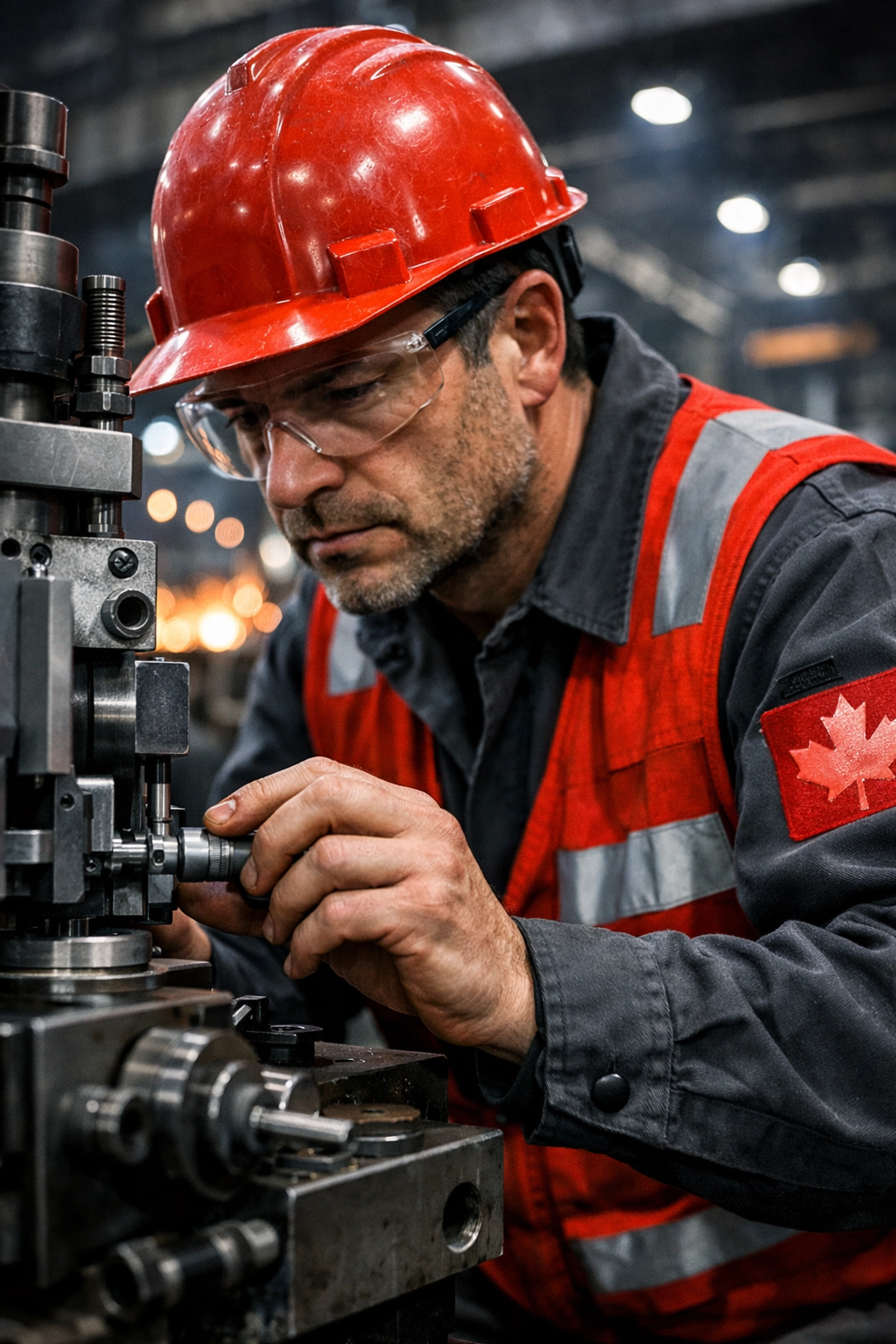 Industrial worker calibrating equipment in an Ontario steel plant for the manufacturing sector.