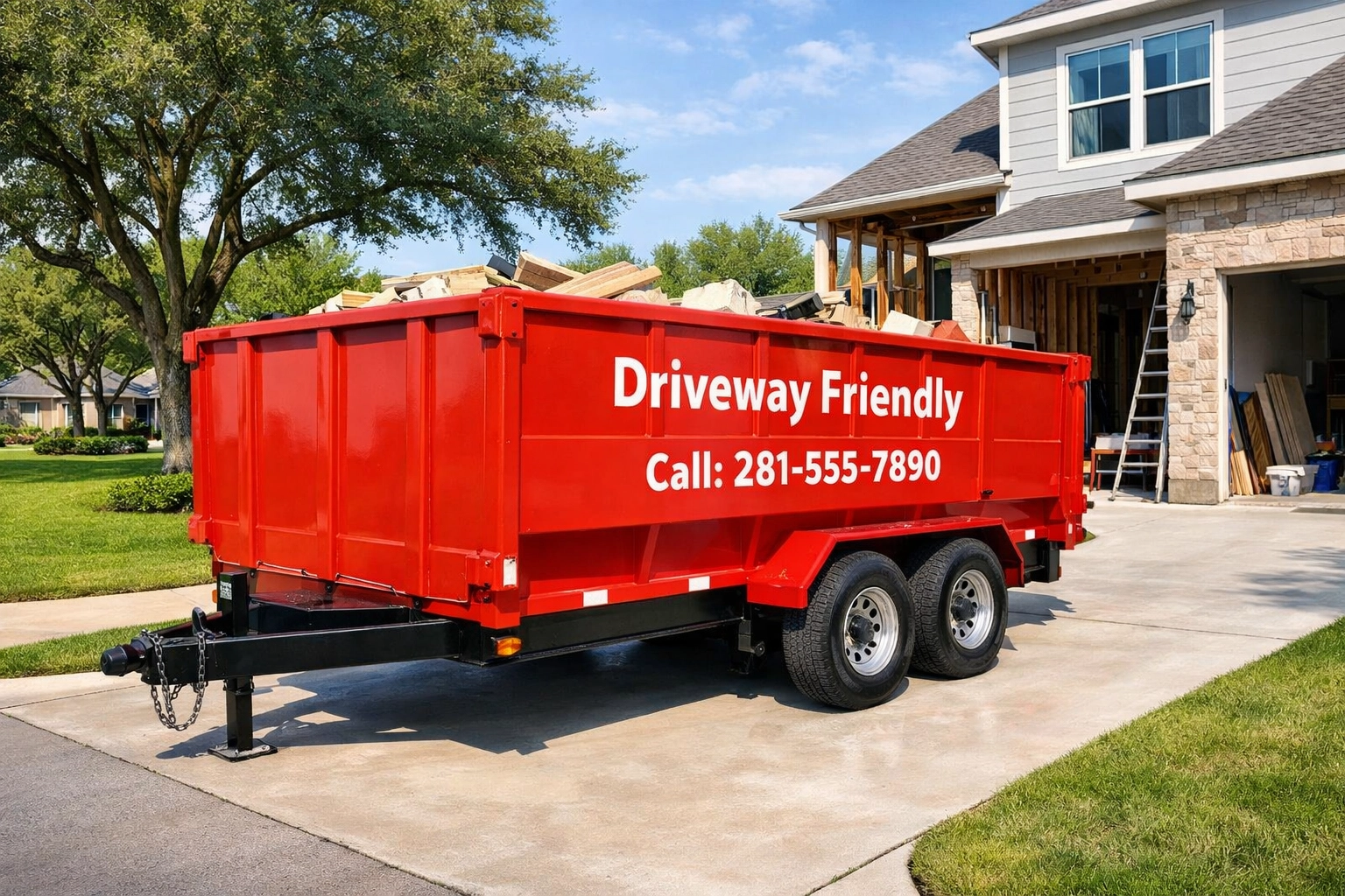 Tall-walled red mobile dumpster rental in Pearland parked on a driveway during a residential renovation project.
