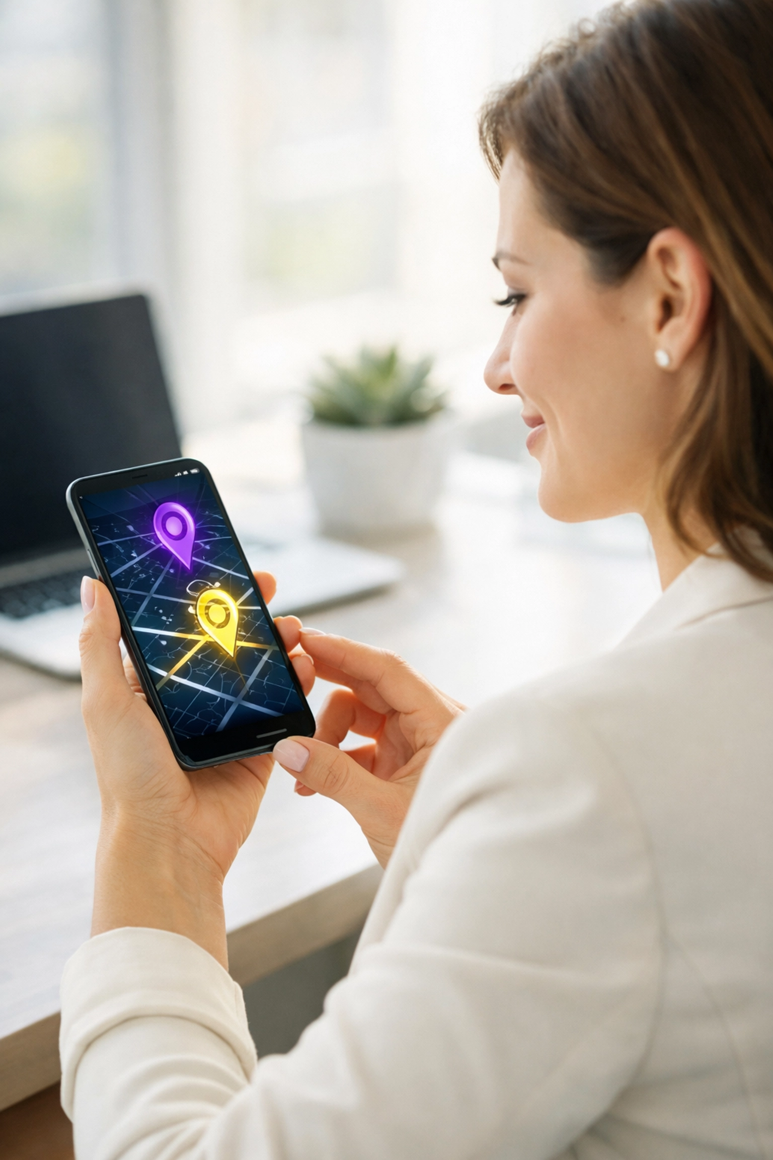 Service business owner reviewing Google Business Profile location pins on a mobile device.