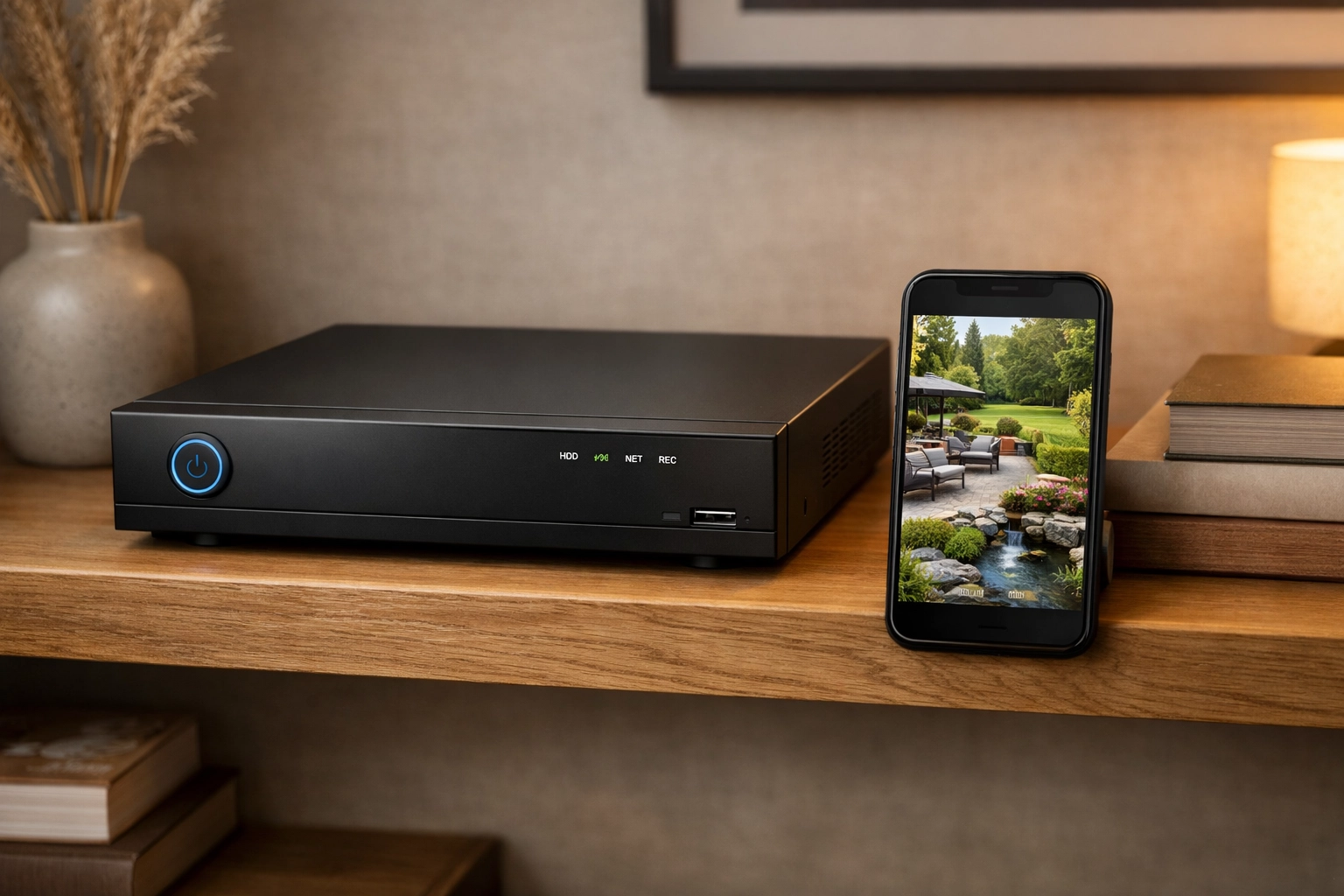 Professional CCTV NVR and smartphone app showing local security footage without subscriptions.