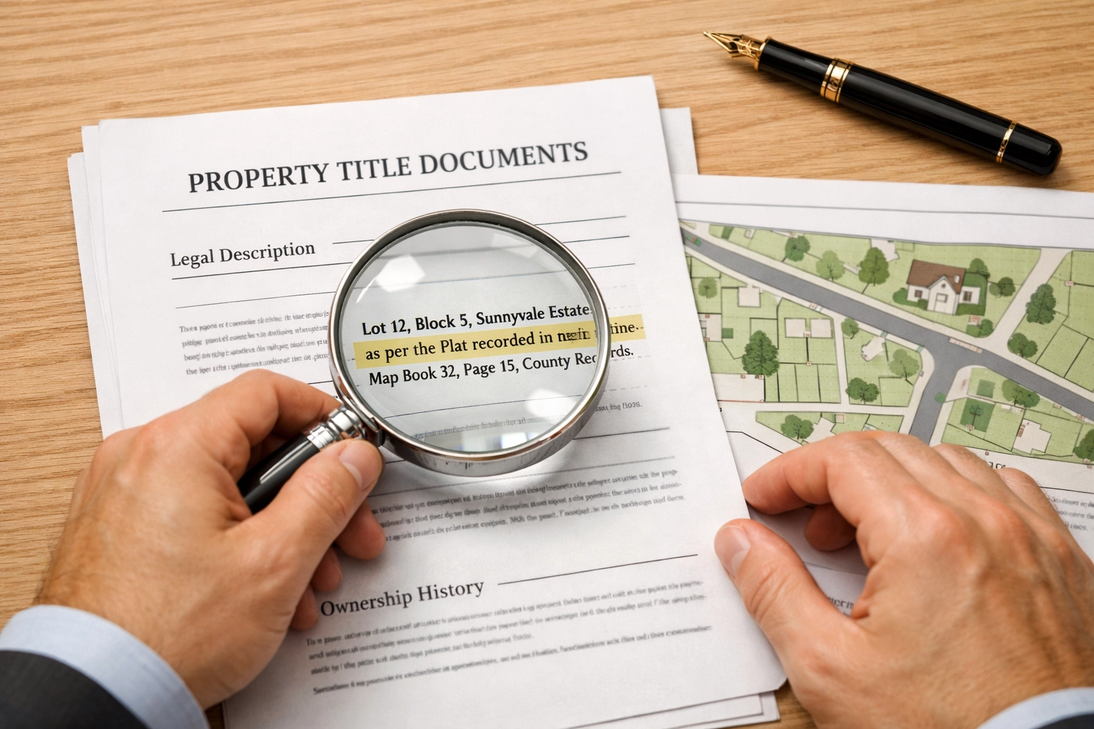 Close-up of a professional performing a title search to identify hidden liens on a manufactured home property.