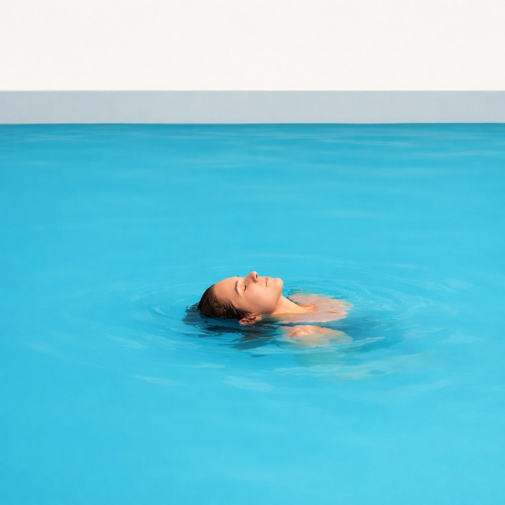 Peaceful swimmer floating in a blue pool, illustrating the neurological relaxation benefits of water immersion.