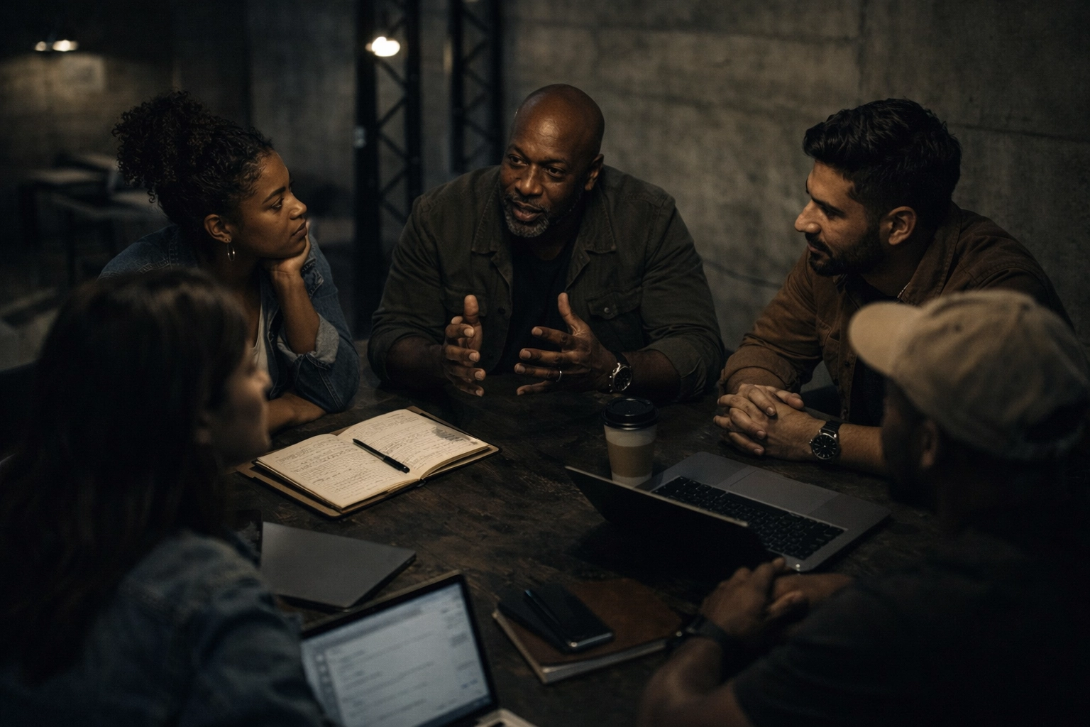 Diverse Christian professionals engaged in mentorship and leadership development meeting