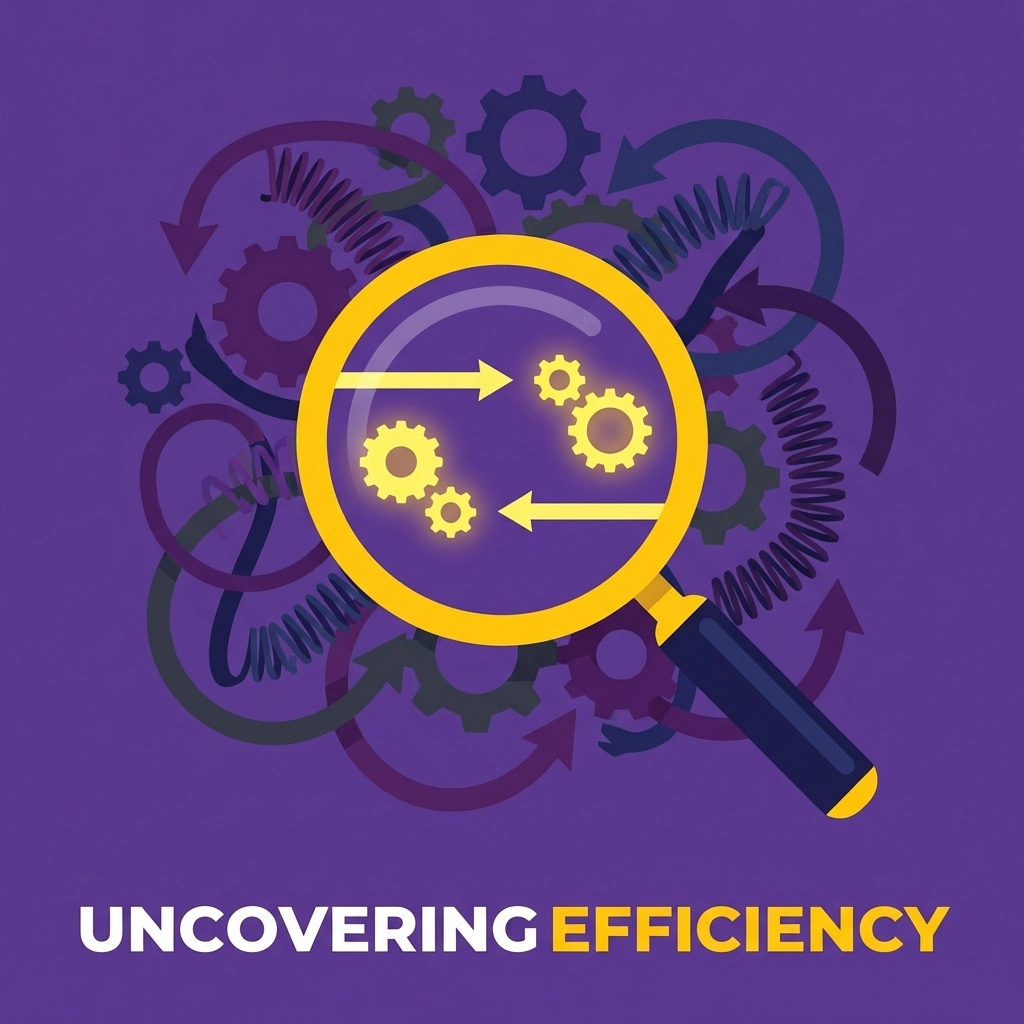 Illustration einer Lupe, die versteckte Prozessineffizienz im Unternehmensworkflow sichtbar macht, optimierte Abläufe hervorgehoben