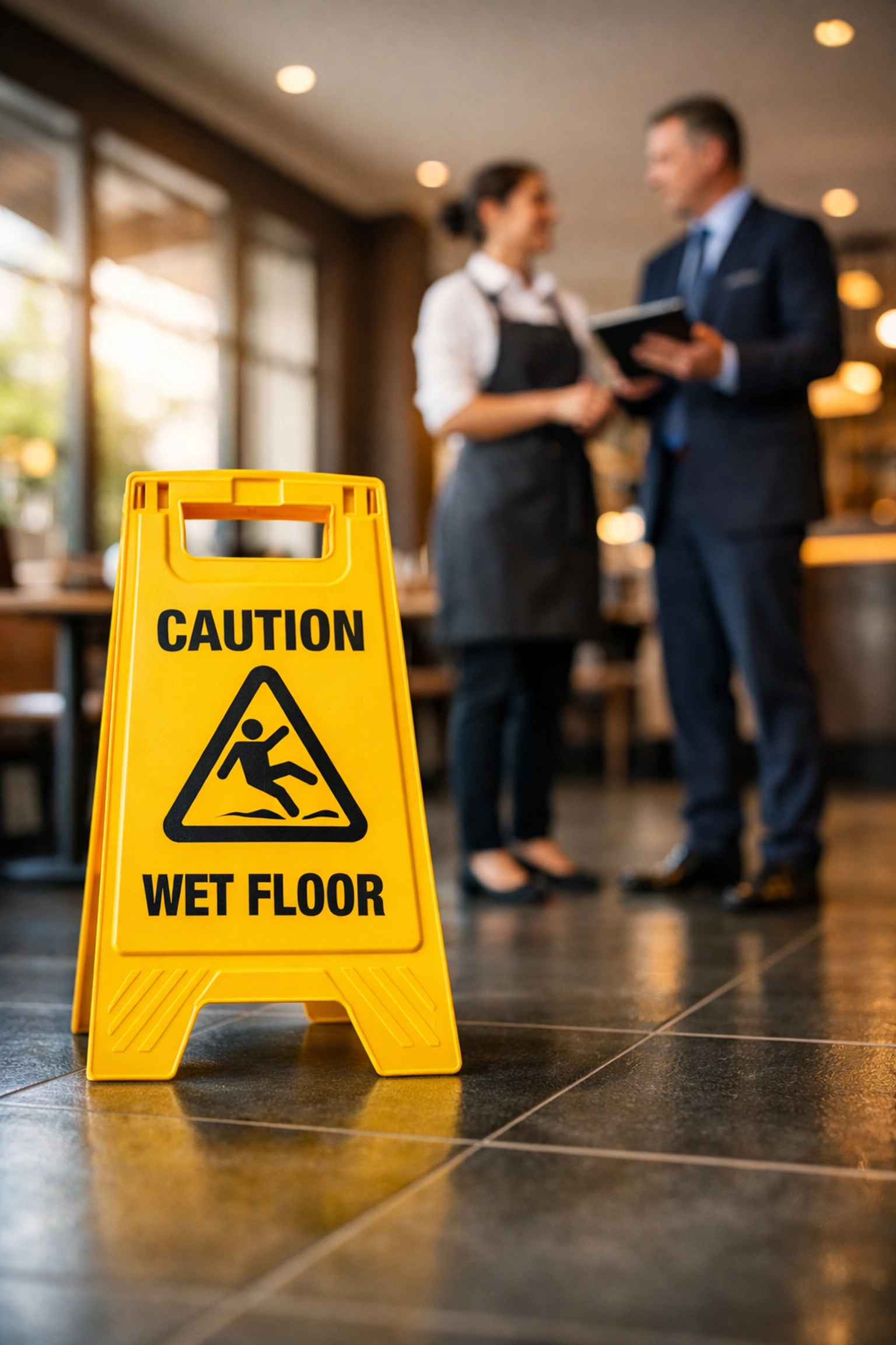 Restaurant manager documenting risk management protocols near a yellow floor safety caution sign.