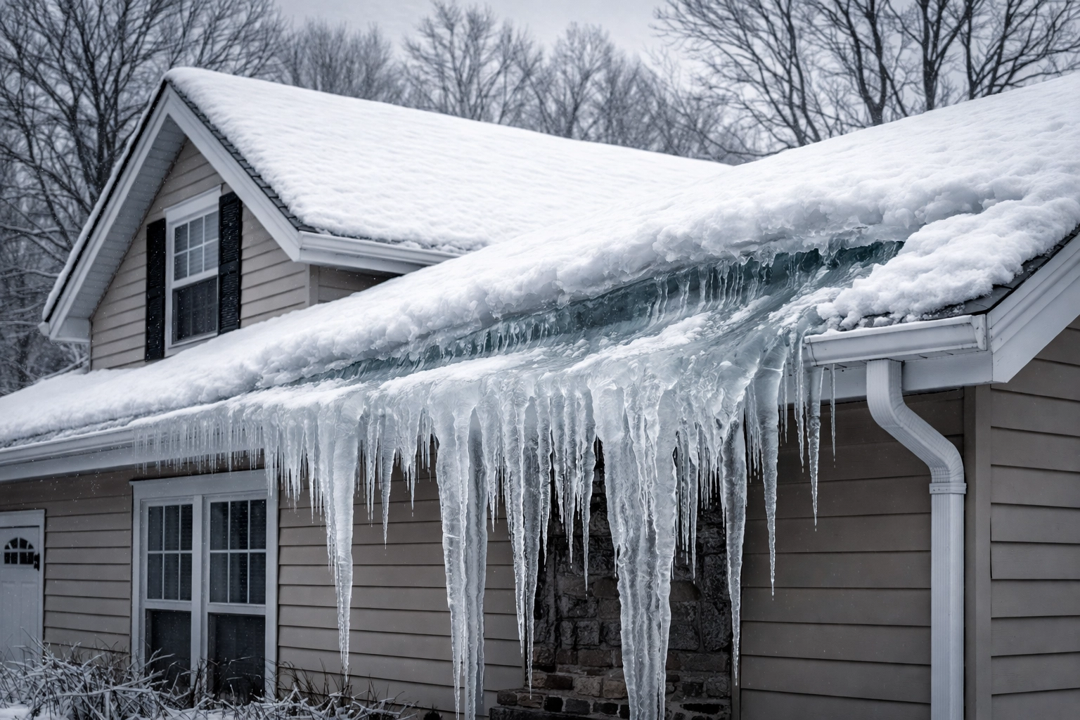 Winter home with ice dam, highlighting attic ventilation’s role in preventing roof damage
