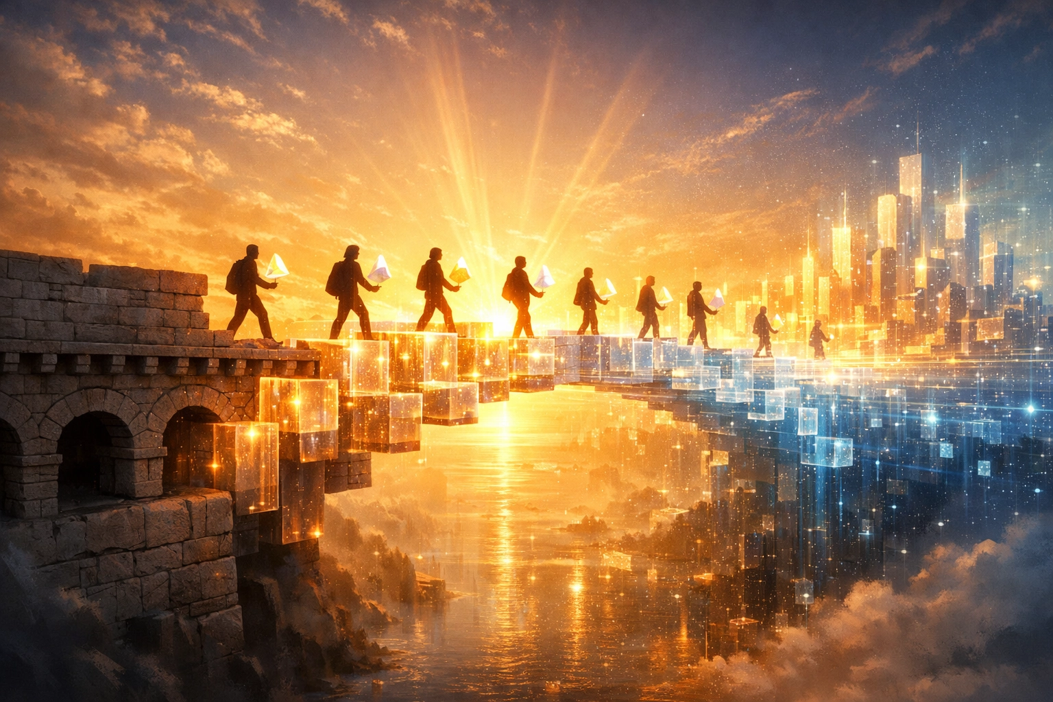 Symbolic bridge connecting traditional finance to secure blockchain infrastructure and digital careers.