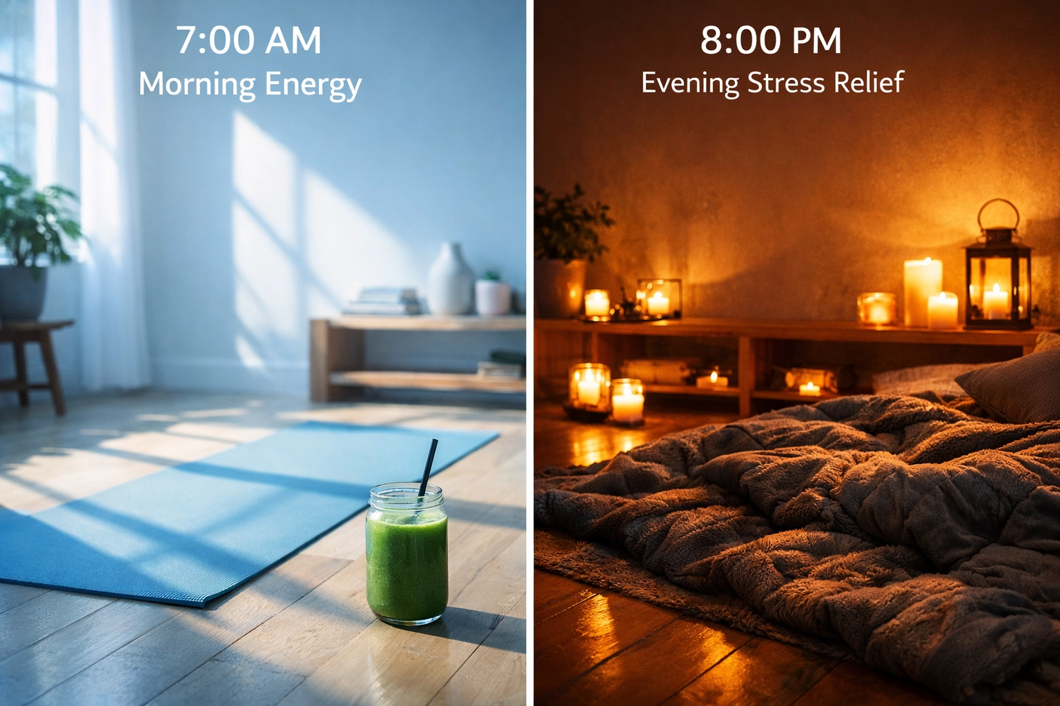 A split-screen view of a living space illustrating how user micro-intents change based on time of day.
