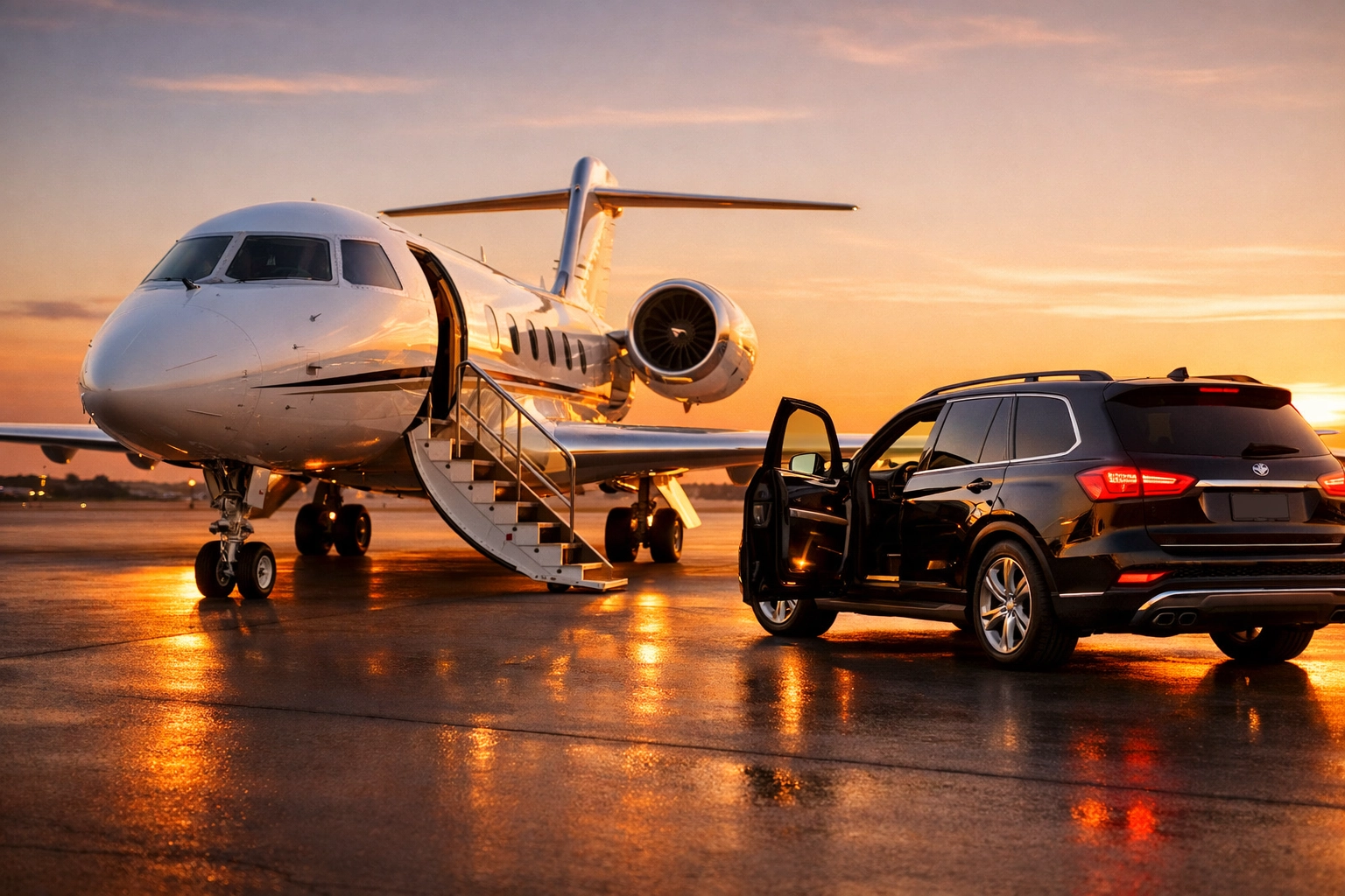 Private jet and luxury SUV transportation for Super Bowl corporate travel management services.