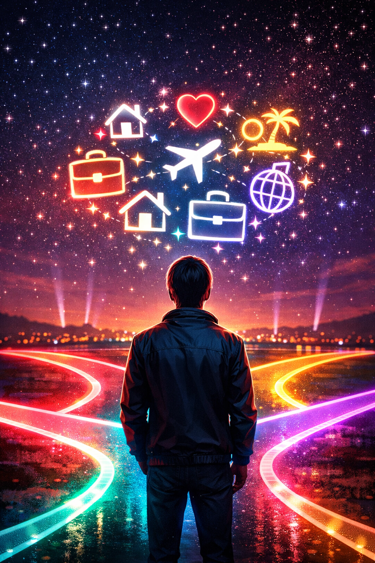 Person contemplating dating goals and life choices at a crossroads with multiple paths