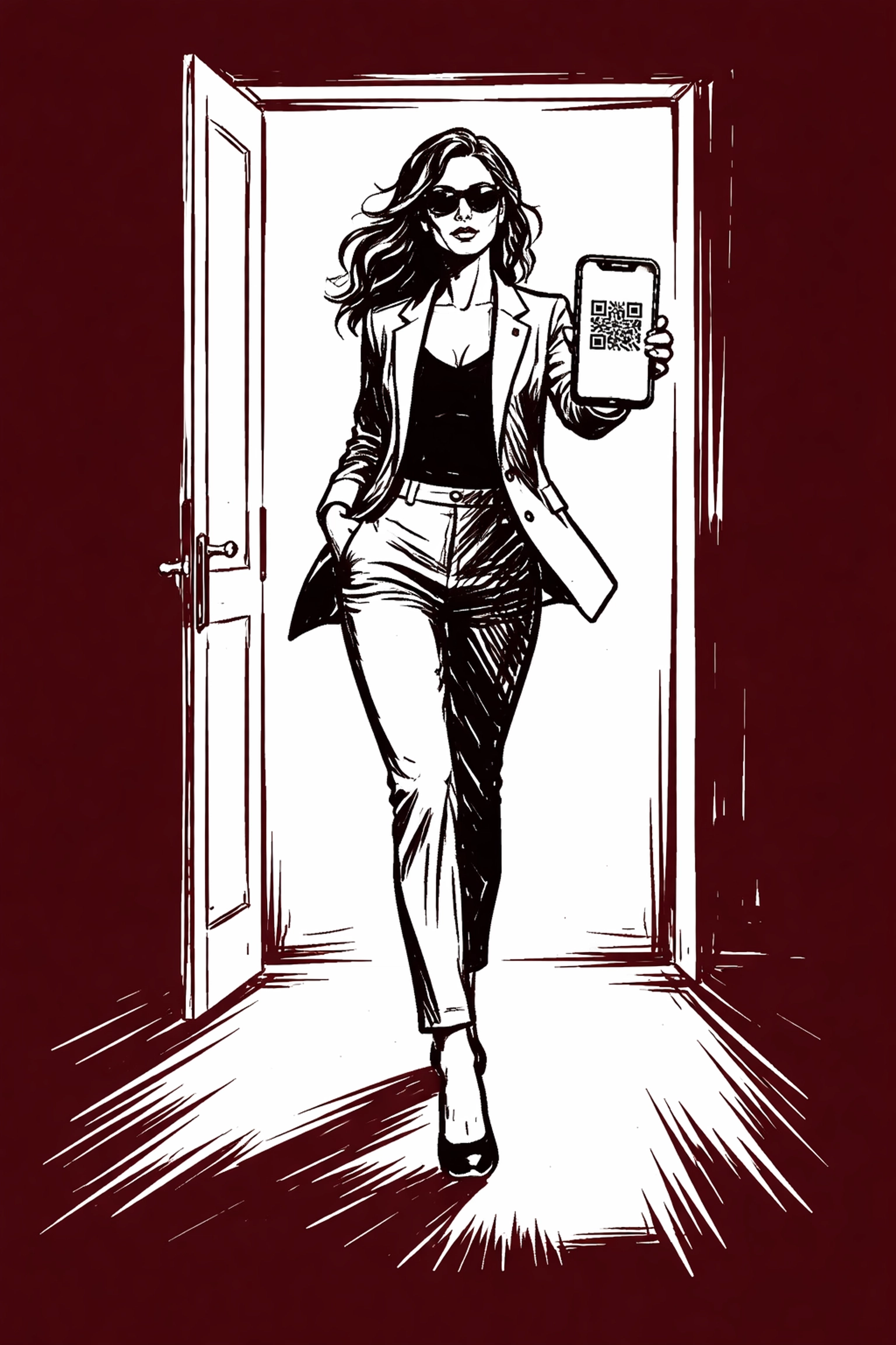 Confident model entering a studio with QR code on phone, representing seamless studio check-in experience.