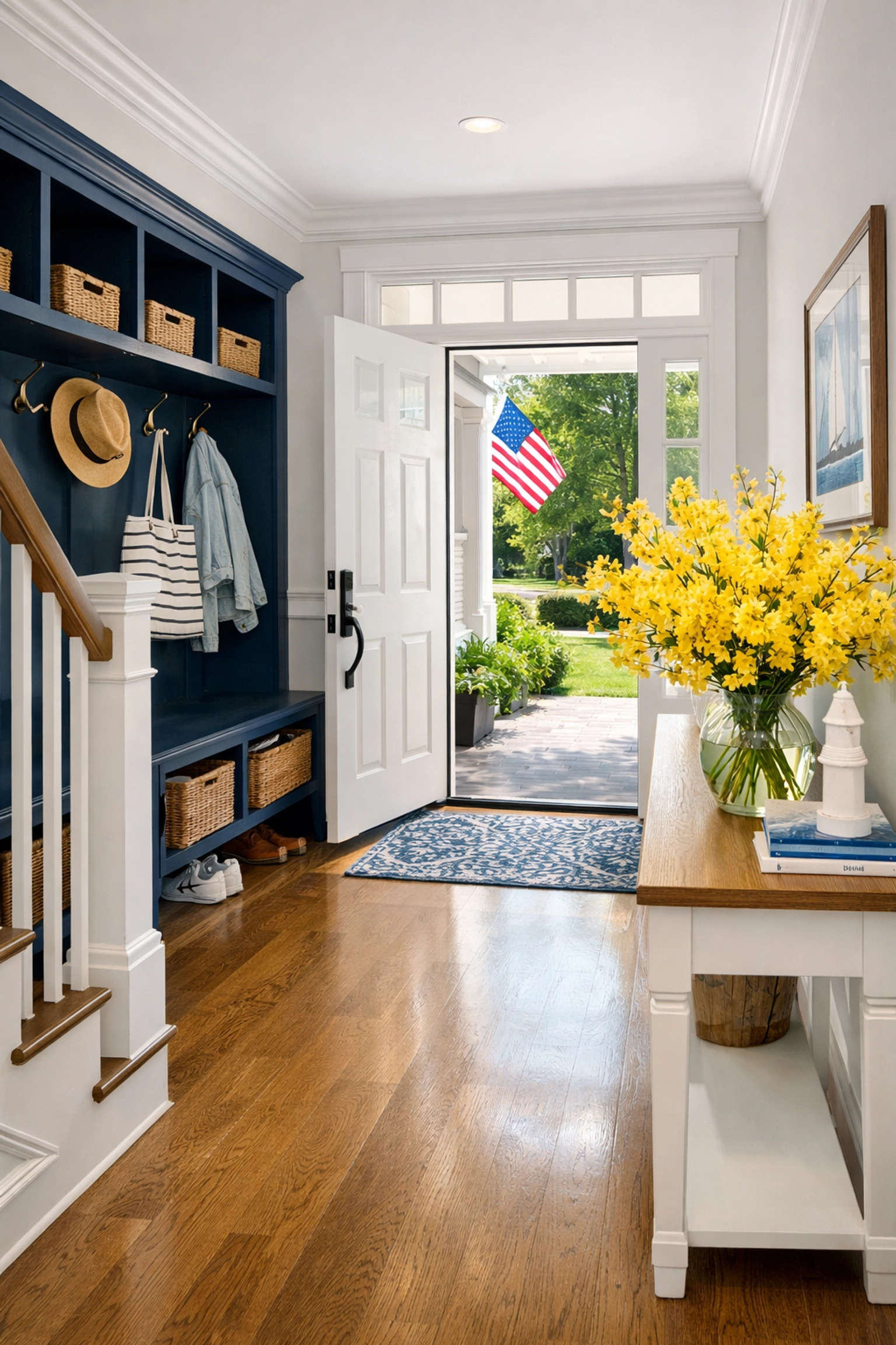 Spotless entryway and mudroom in a Marlborough home showing professional house cleaning and dust removal.
