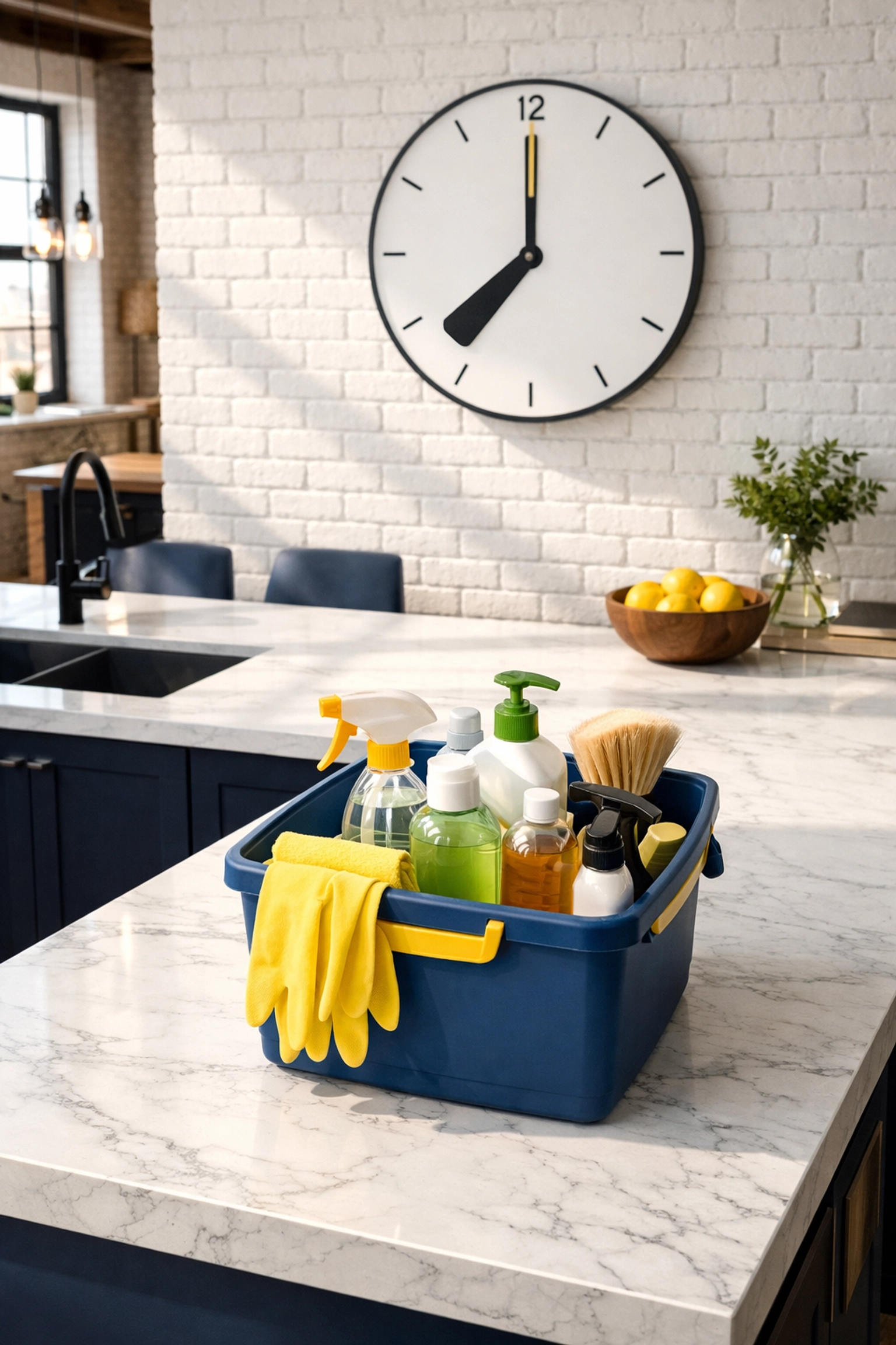 Spotless kitchen in a Worcester loft with eco-friendly house cleaning supplies ready at 8 AM.