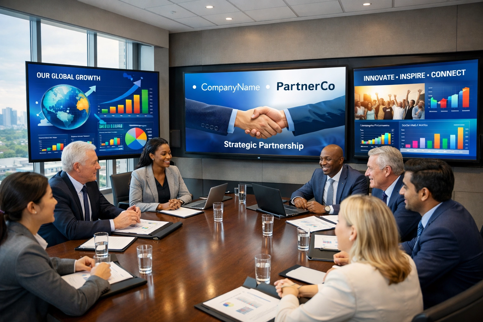 Business team collaborating on brand partnership strategy with digital signage displays