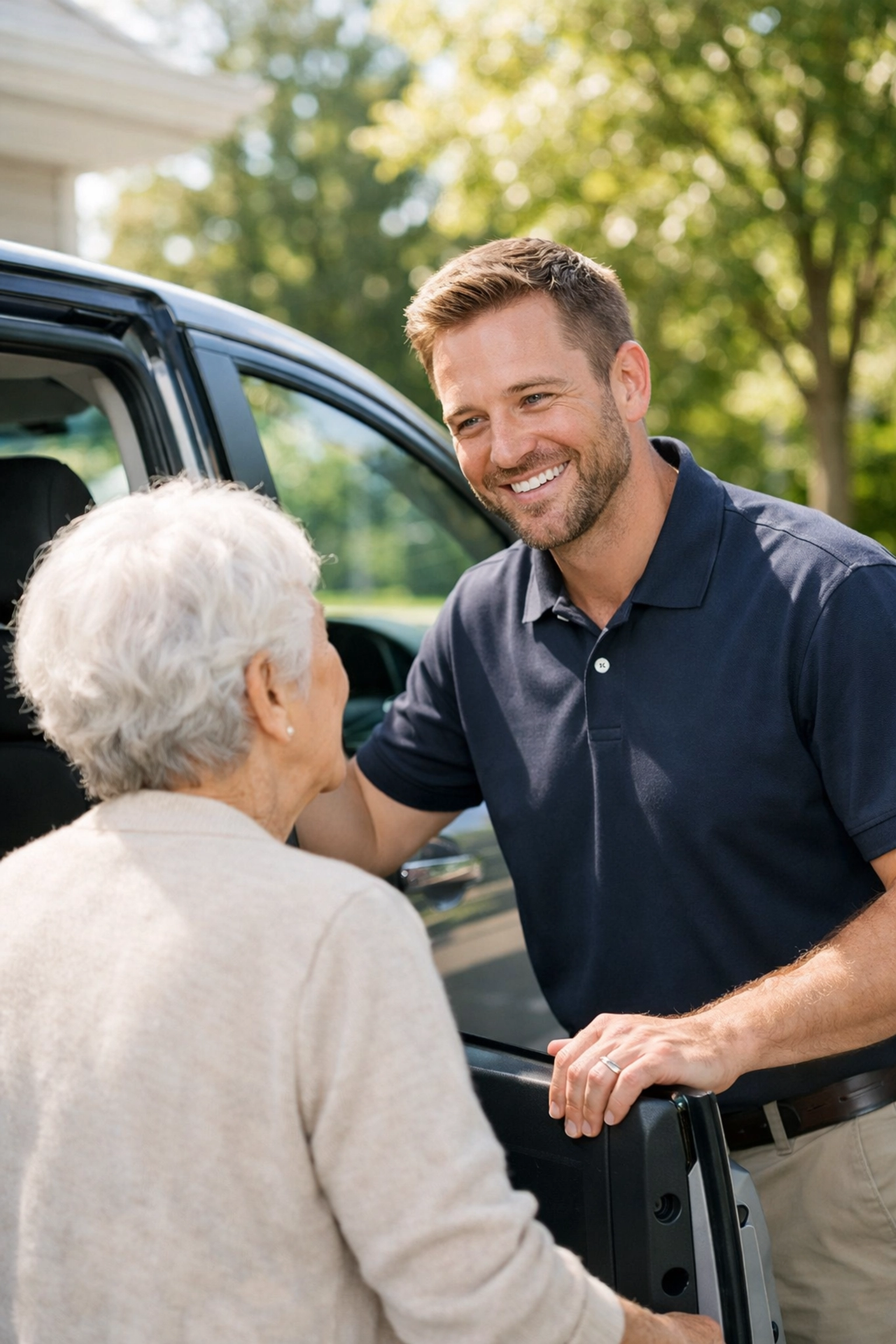 Friendly driver assisting a senior passenger during medical transportation in Raleigh NC.