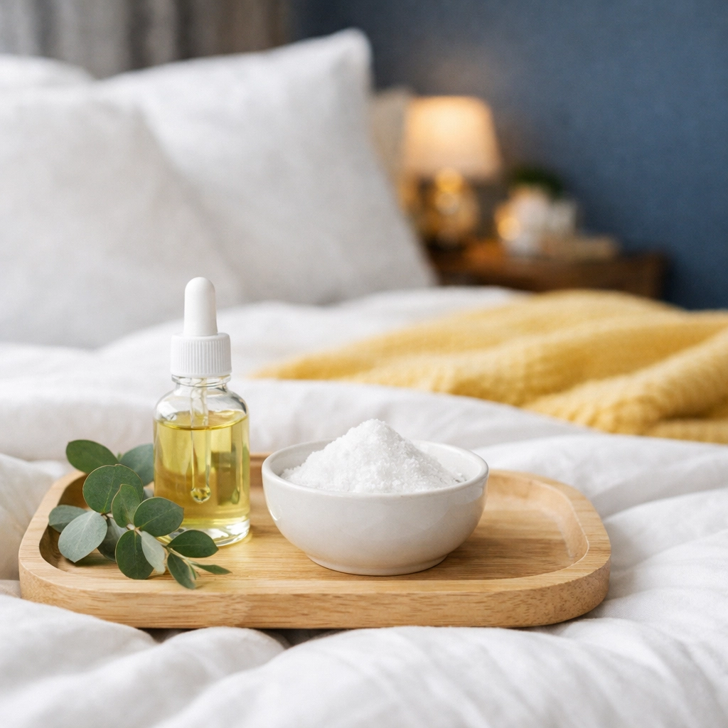 Eco-friendly cleaning supplies like baking soda and essential oils for natural mattress maintenance.