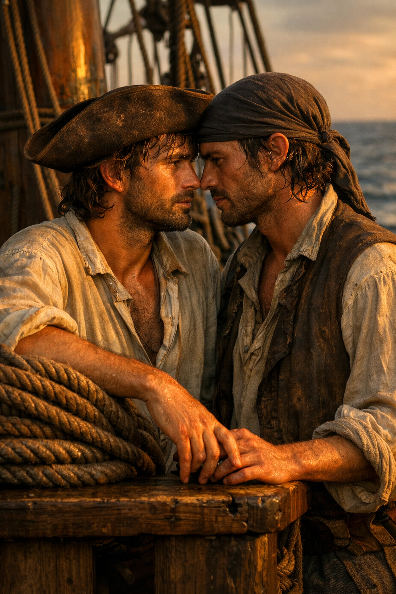 Historical gay sailors sharing a quiet moment of matelotage on an 18th-century ship deck at sunset.