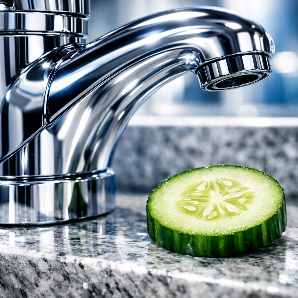 Polished stainless steel bathroom faucet shining after a natural cucumber cleaning treatment.